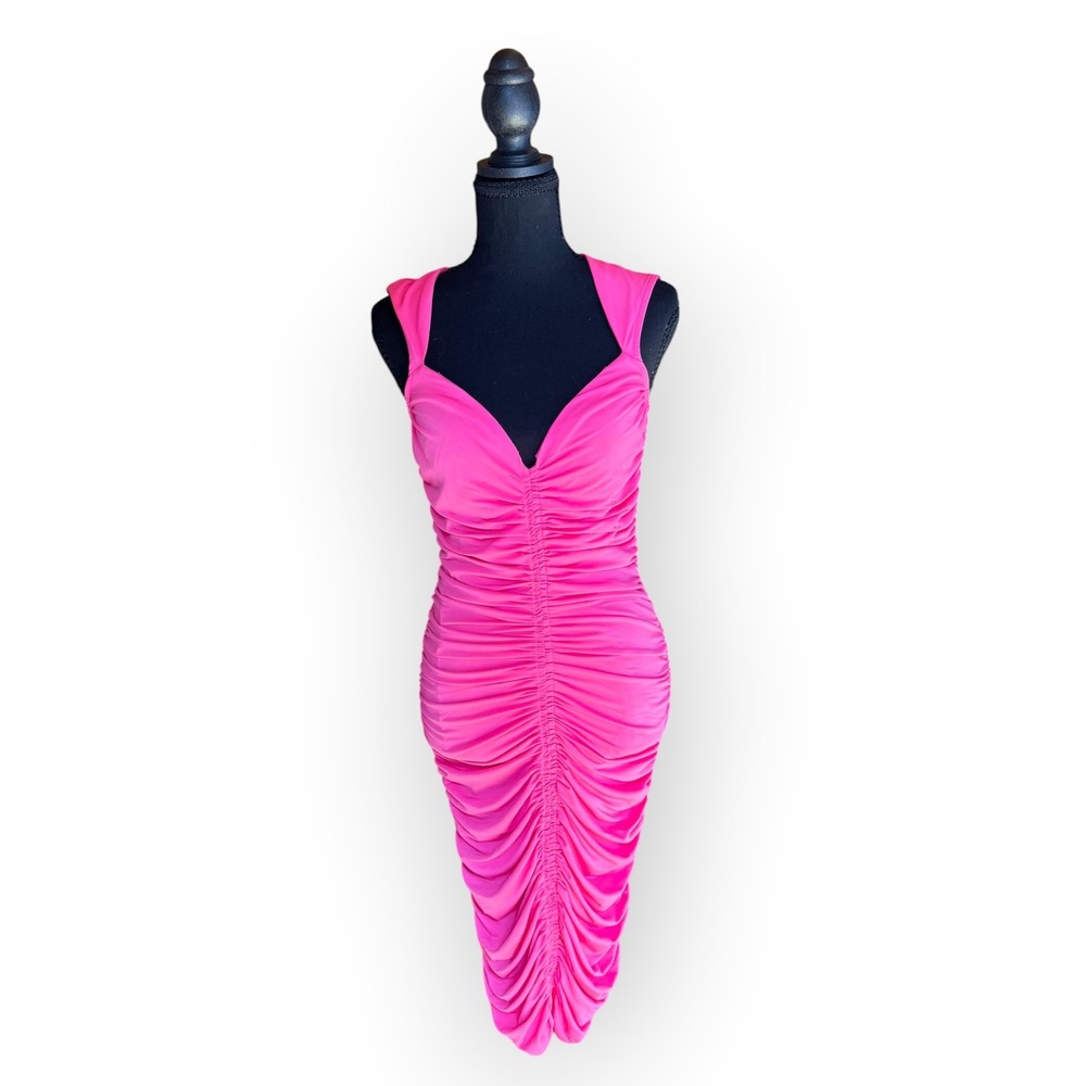 Hot Pink Ruched Bodycon Midi Dress Hoco Cocktail Party Y2K 90s NYE Gala M